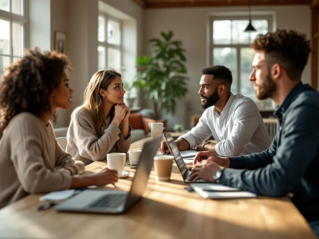 Vier diverse professionals voeren beleidsdiscussie aan houten tafel in helder Nederlands gemeenschapscentrum