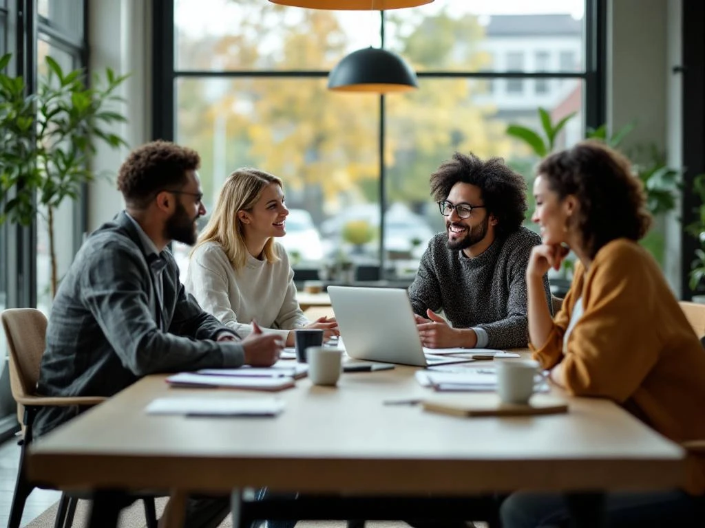 Diverse professionals discussing municipal partnerships in bright Dutch community center lobby with laptops and coffee