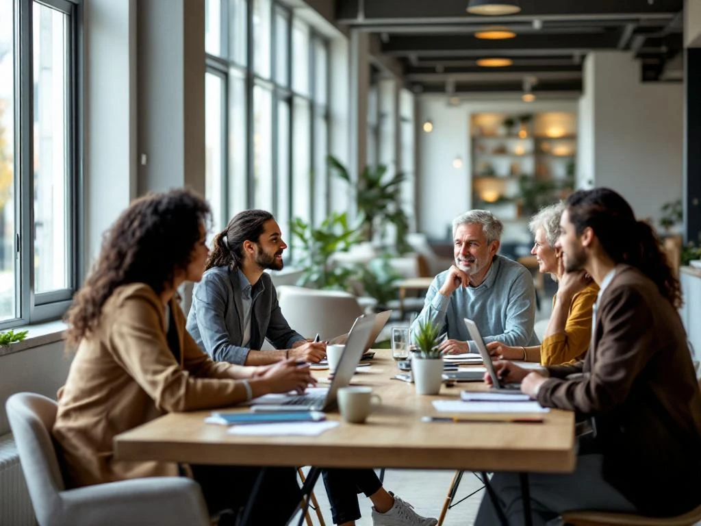 Diverse professionals discussing at wooden table in modern Dutch community center lobby with laptops and coffee cups