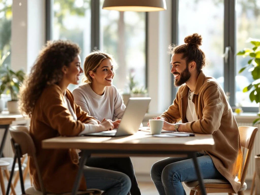 Drie professionals in gesprek aan tafel met laptops en koffie in licht gemeenschapscentrum