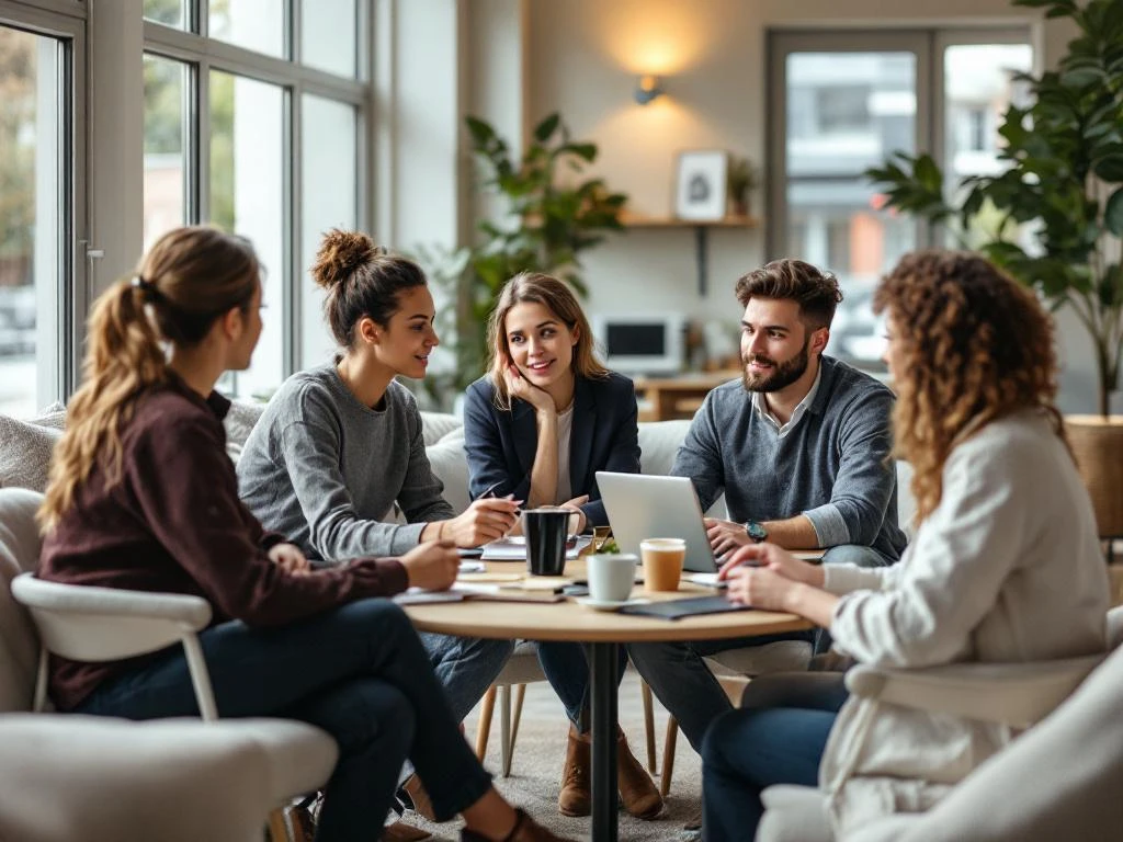 Diverse professionals discussing at laptops around table in bright Dutch community center lobby with natural lighting