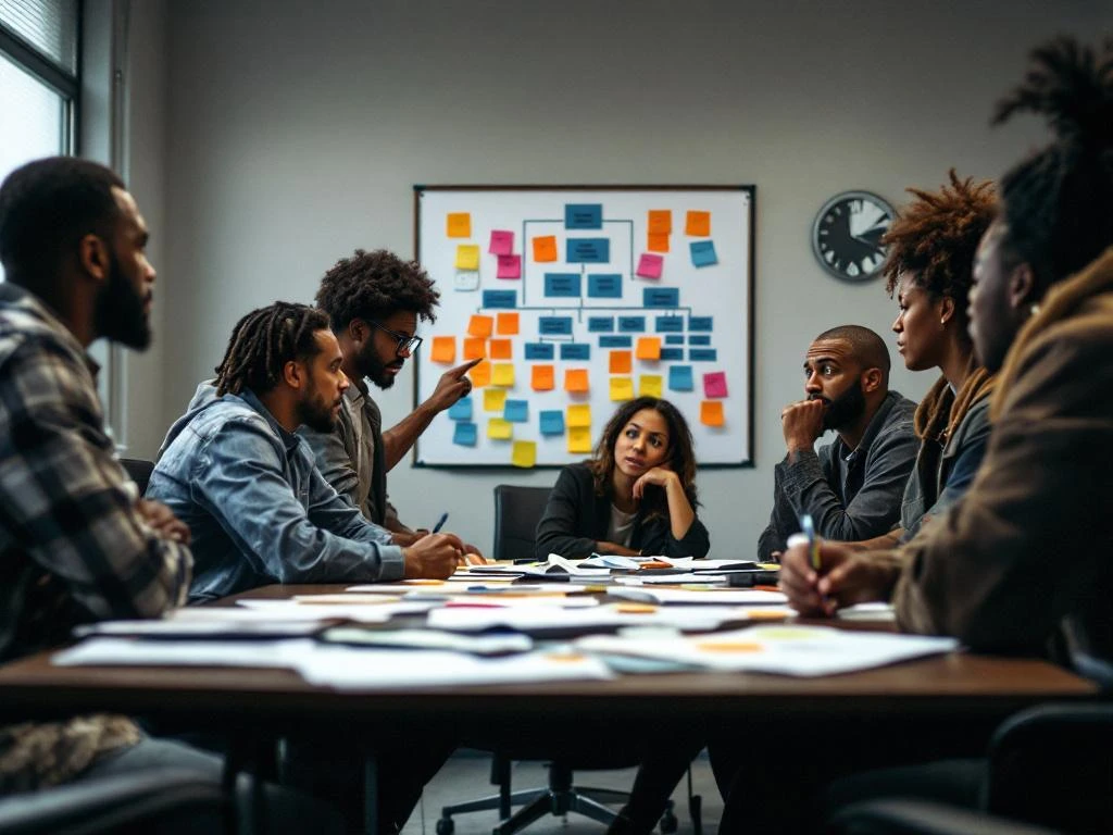 Diverse groep gemeenschapswerkers rond vergadertafel bespreekt organisatiestructuur, sommigen kijken verward