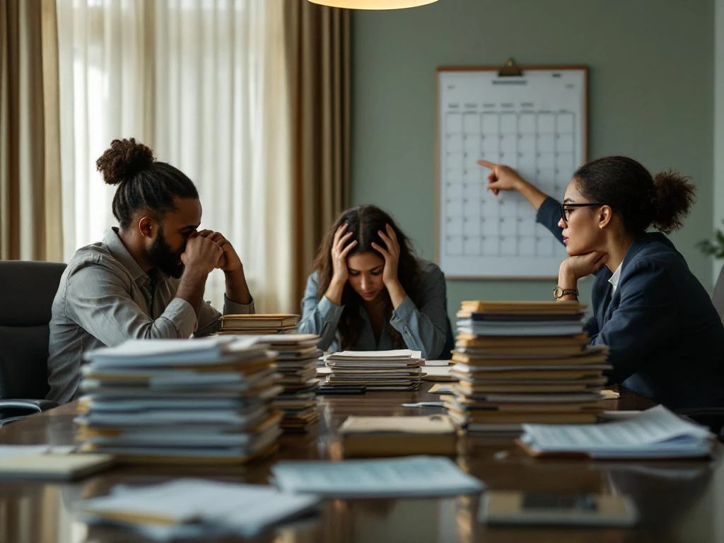 Drie overwerkte maatschappelijk werkers in vergaderruimte met stapels dossiers en volle agenda aan de muur