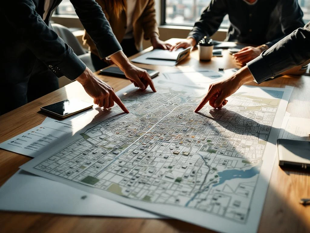 Stadsplanningskaart op vergadertafel met teamleden die wijzen naar verschillende wijken, beleidsdocument eronder