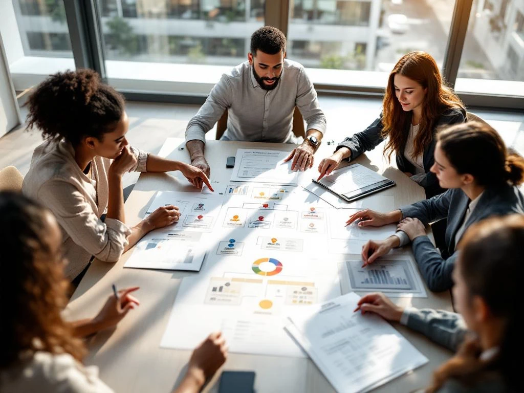 Diverse professionals bespreken organisatiestructuur rond vergadertafel met documenten in helder kantoor