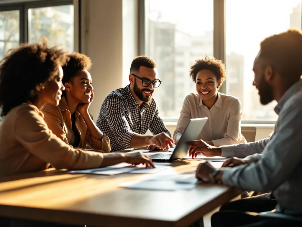 Vijf diverse professionals in geanimeerde discussie rond moderne vergadertafel, gezamenlijk documenten bespreken bij raam