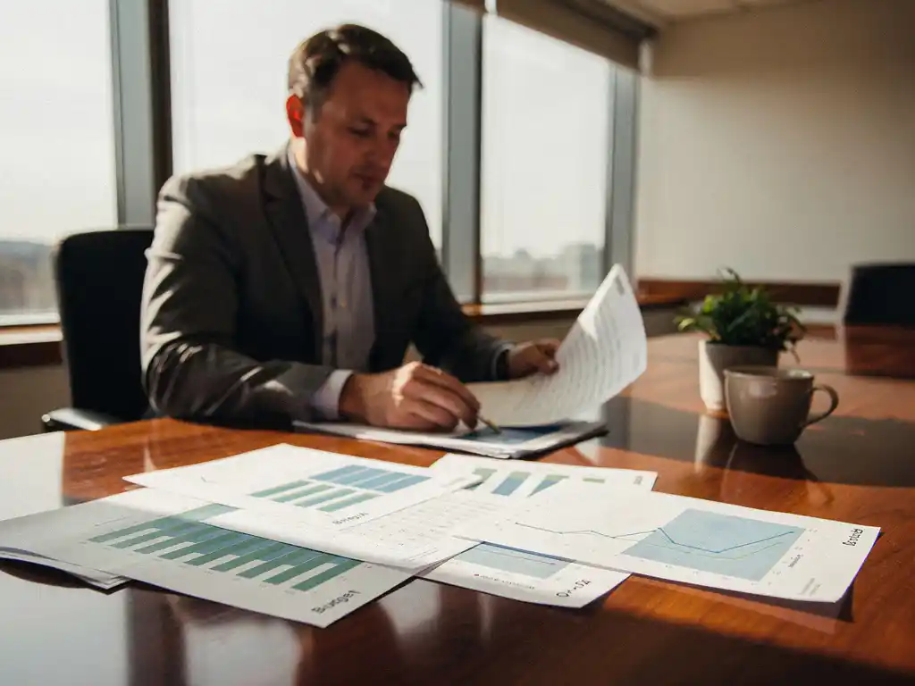 Gemeenteambtenaar bestudeert financiële spreadsheets en begrotingsdocumenten op houten vergadertafel bij raam