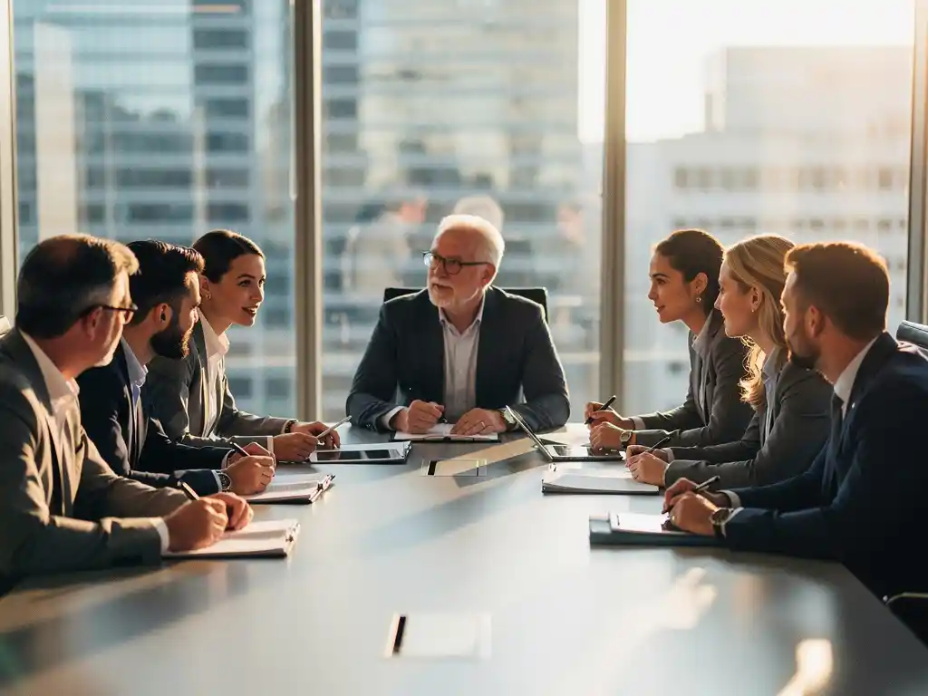 Diverse gemeentelijke professionals in gesprek rond moderne vergadertafel met documenten en tablets, natuurlijk licht door ramen