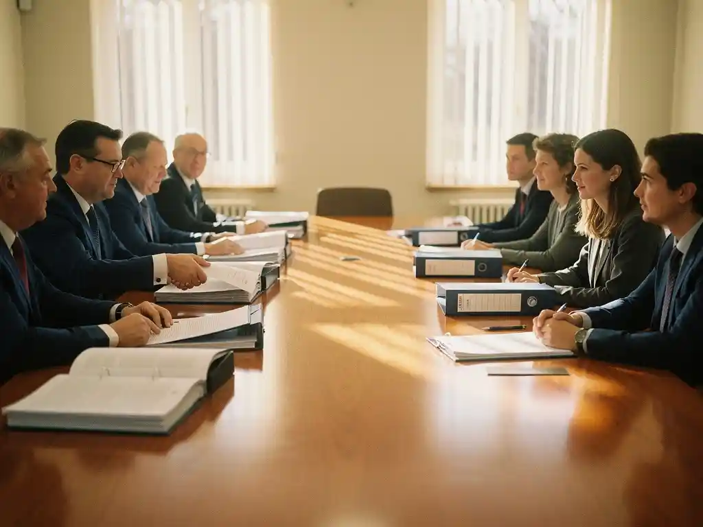 Gemeenteraadsleden en jeugdzorgmedewerkers schudden handen tijdens overleg aan eiken vergadertafel in zonnige raadszaal