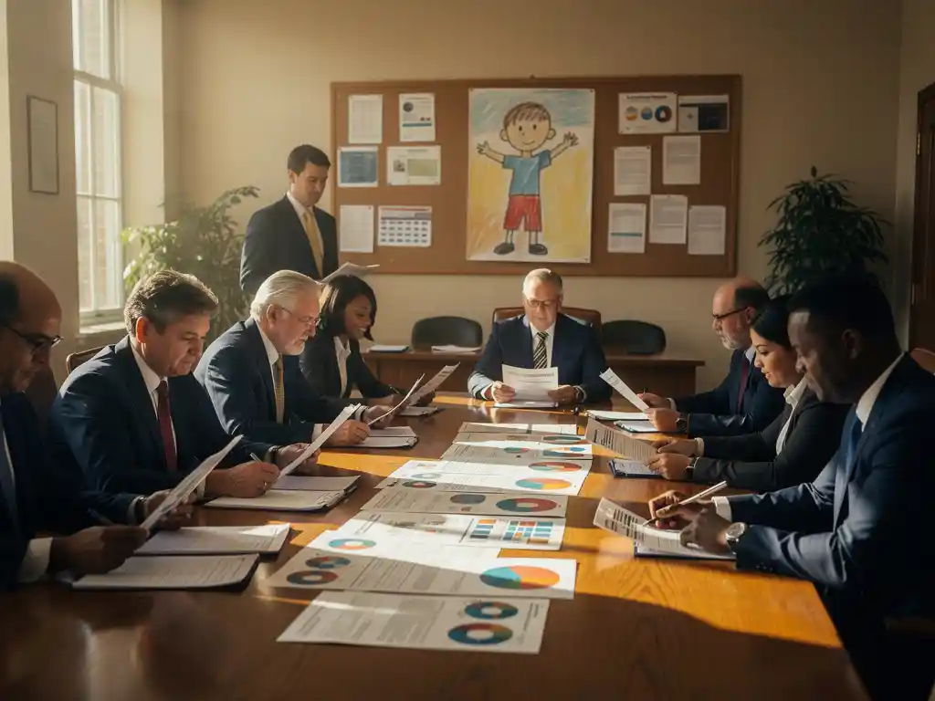 Gemeenteambtenaren bespreken jeugdbeleid rond eiken vergadertafel met beleidsrapporten en grafieken, kindertekening op prikbord