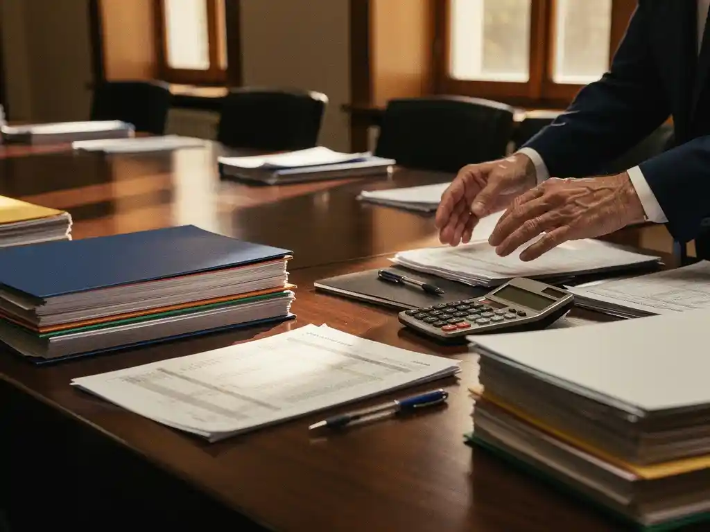 Gemeentelijke vergaderzaal met stapels financiële documenten en mappen over jeugdzorgkosten op donkere houten tafel, rekenmachine en pen, warme middaglicht door hoge ramen