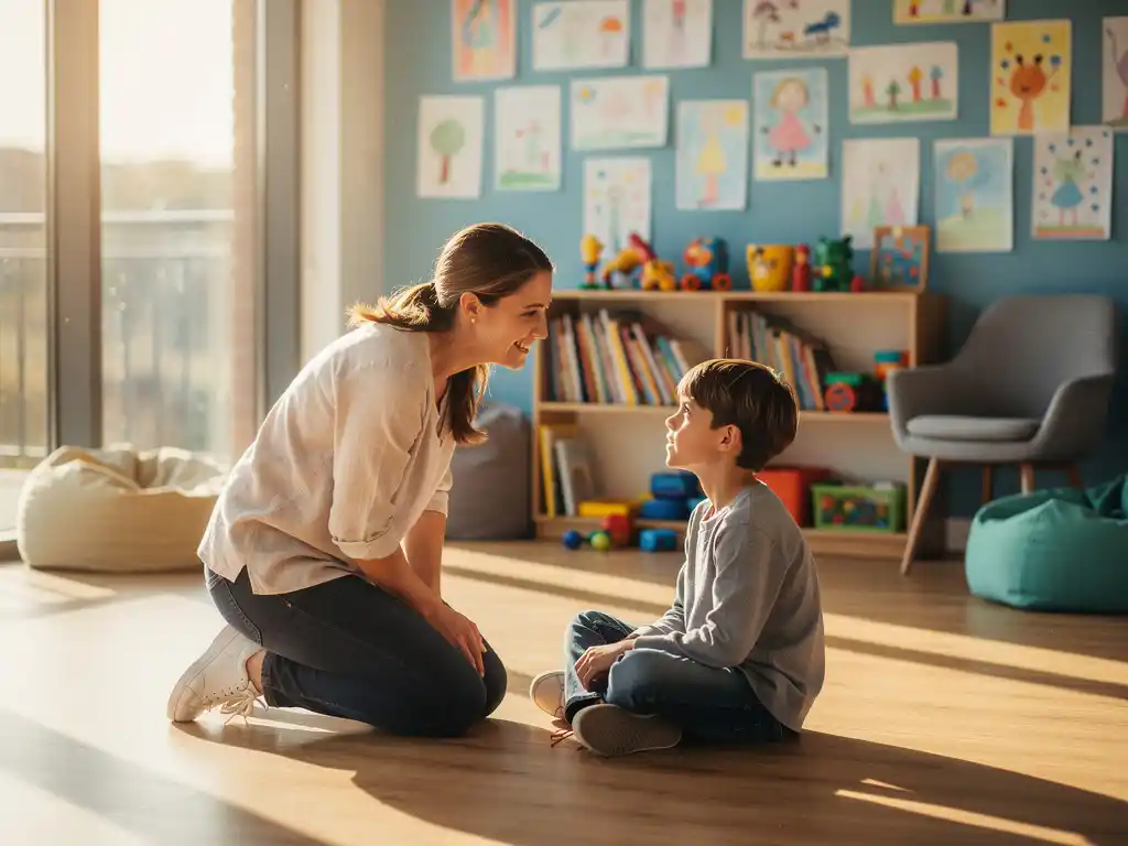Maatschappelijk werker knielt op ooghoogte met jong kind in gesprek in licht gemeenschapscentrum met kinderkunstwerk aan muren