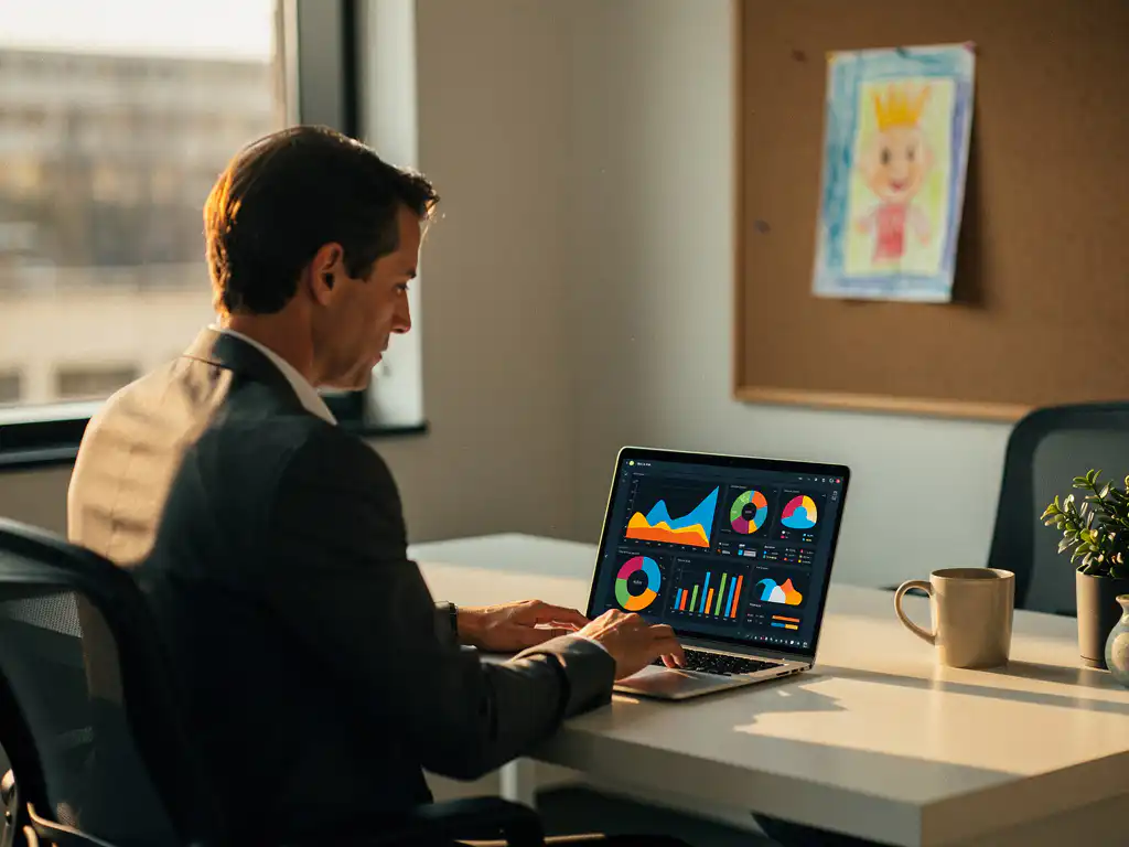 Overheidsadviseur bekijkt kleurrijke datavisualisaties op laptop met kindertekening op prikbord op achtergrond