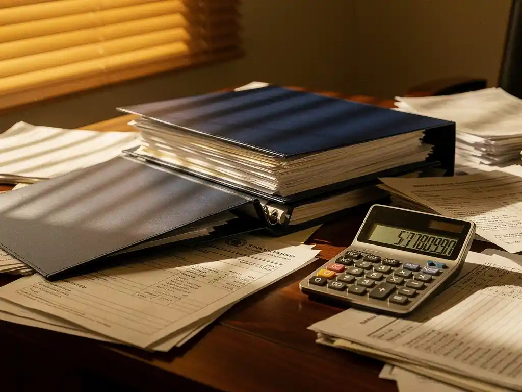 Stapel overheidsbudgetdocumenten en facturen op gemeentelijk bureau met rekenmachine, zonlicht door jaloezieën