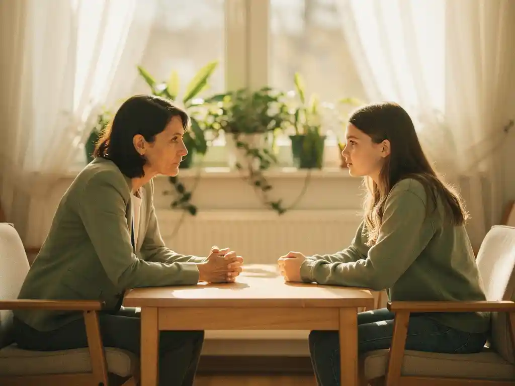 Maatschappelijk werker in gesprek met tienermeisje in lichte gemeenschapsruimte met planten en warme houten meubels
