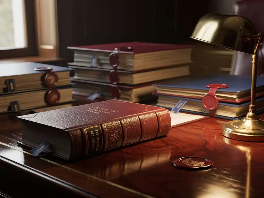 Open wetboek op mahoniehout bureau met officiële documenten en rode lakzegels in regeringskantoor