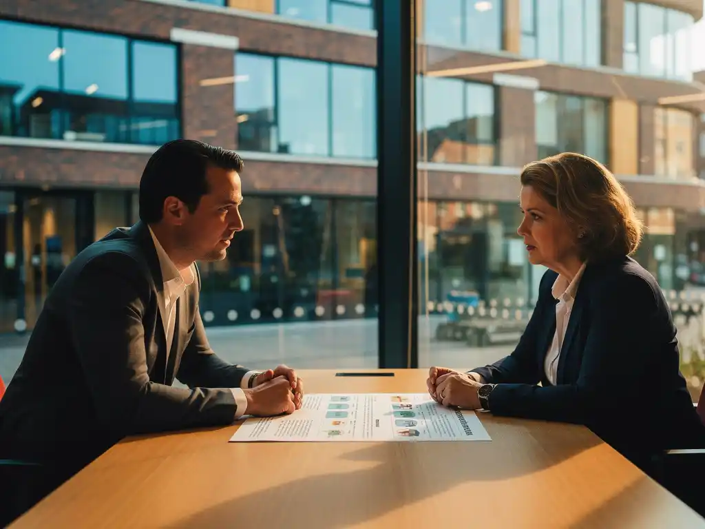 Adviseur bespreekt transitieroutekaart met gemeenteambtenaar aan houten tafel in modern Nederlands gemeentehuis.