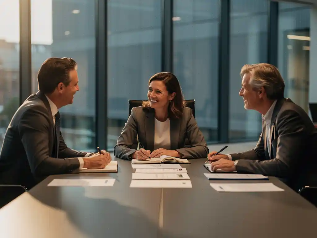 Adviseur in gesprek met twee gemeenteambtenaren aan vergadertafel met beleidsdocumenten, modern Nederlands gemeentehuis op de achtergrond.