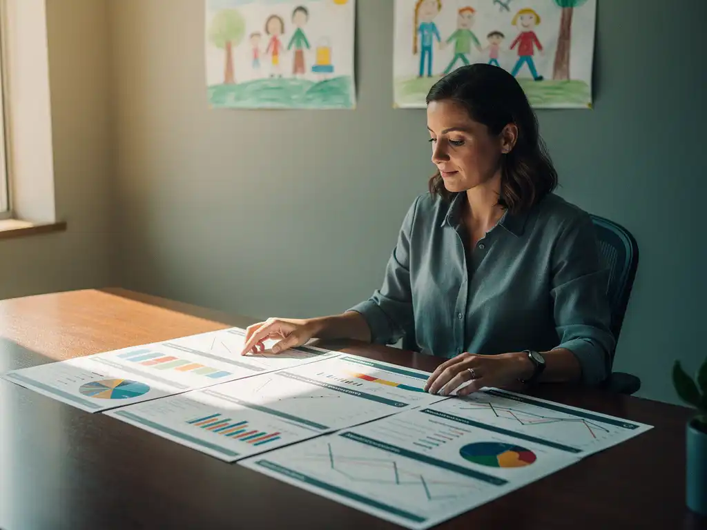 Beleidsadviseur bestudeert uitgeprint datadashboard met grafieken op kantoor, kindertekening zichtbaar op achtergrond.