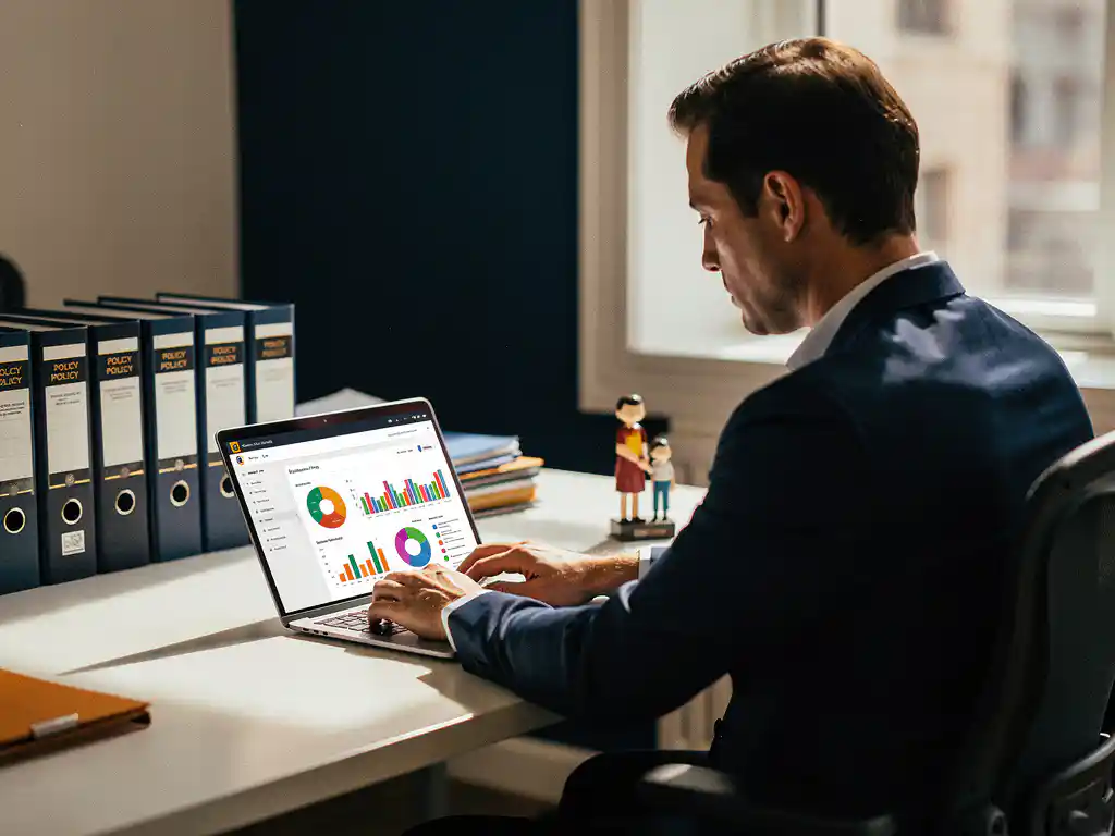 Gemeentelijk beleidsadviseur bestudeert datadashboard op laptop aan overheidsbureau met georganiseerde beleidsmappen en familiefiguur.