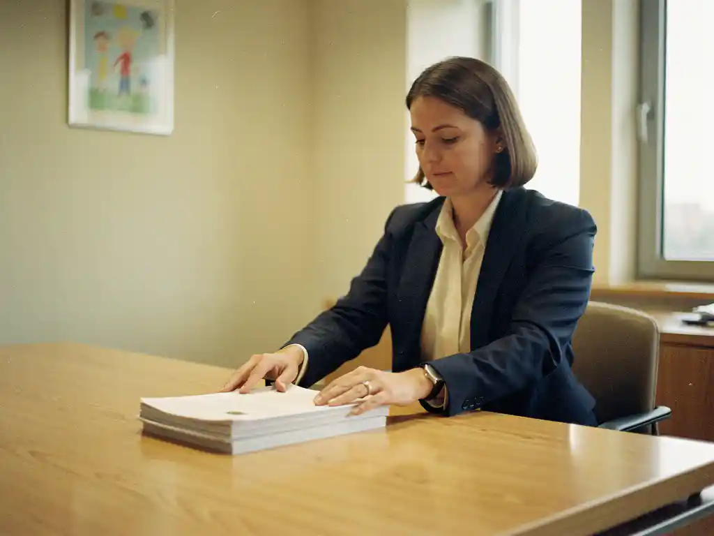 Beleidsadviseur legt stapel officiële documenten op overheidsbureau, kindertekening in lijst op achtergrond, warm natuurlijk licht.