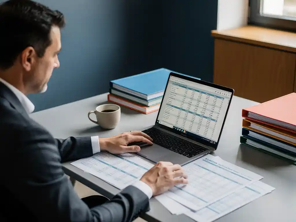 Beleidsadviseur bestudeert kostenoverzicht jeugdzorg op spreadsheet aan overheidsbureau, met koffie en ordners in zachte daglichtsfeer.