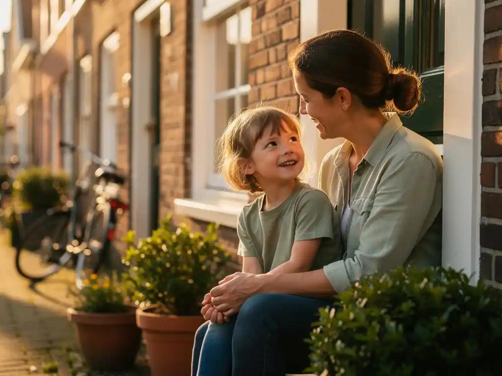 Jong kind in gesprek met buurtondersteuner op zonnige stoep in Nederlandse woonstraat, warme gouden-uurbelichting.