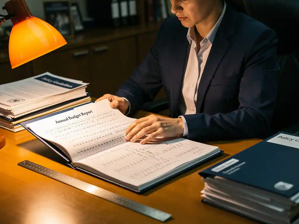 Gemeentelijke financieel ambtenaar bestudeert een groot grootboek op een overheidsbureau, verlicht door een amber bureaulamp naast beleidsdocumenten.