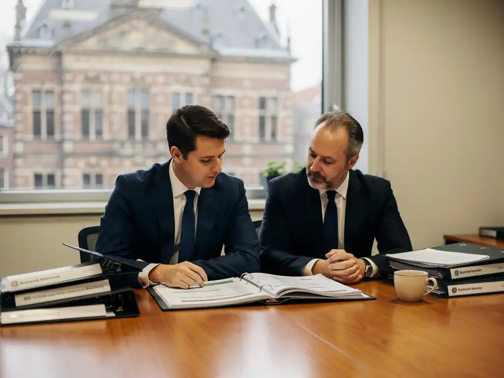 Gemeenteadviseur en ambtenaar bestuderen financiële documenten aan houten vergadertafel, stadhuis zichtbaar op achtergrond.