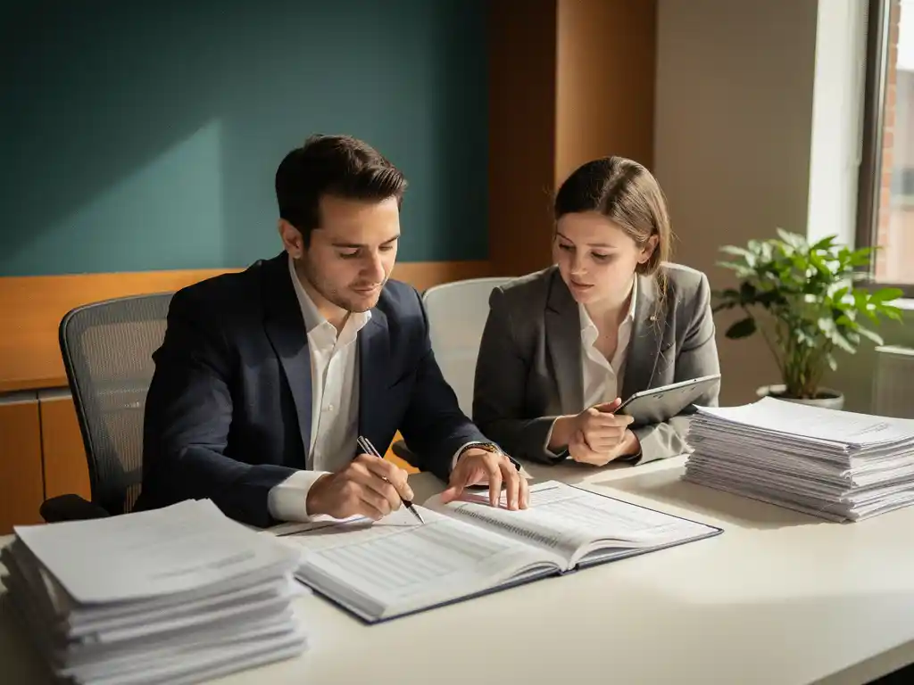 Gemeenteadviseur en jeugdzorgprofessional bekijken samen een budgetboek op een overheidskantoor, beleidsdocumenten en plant op bureau.