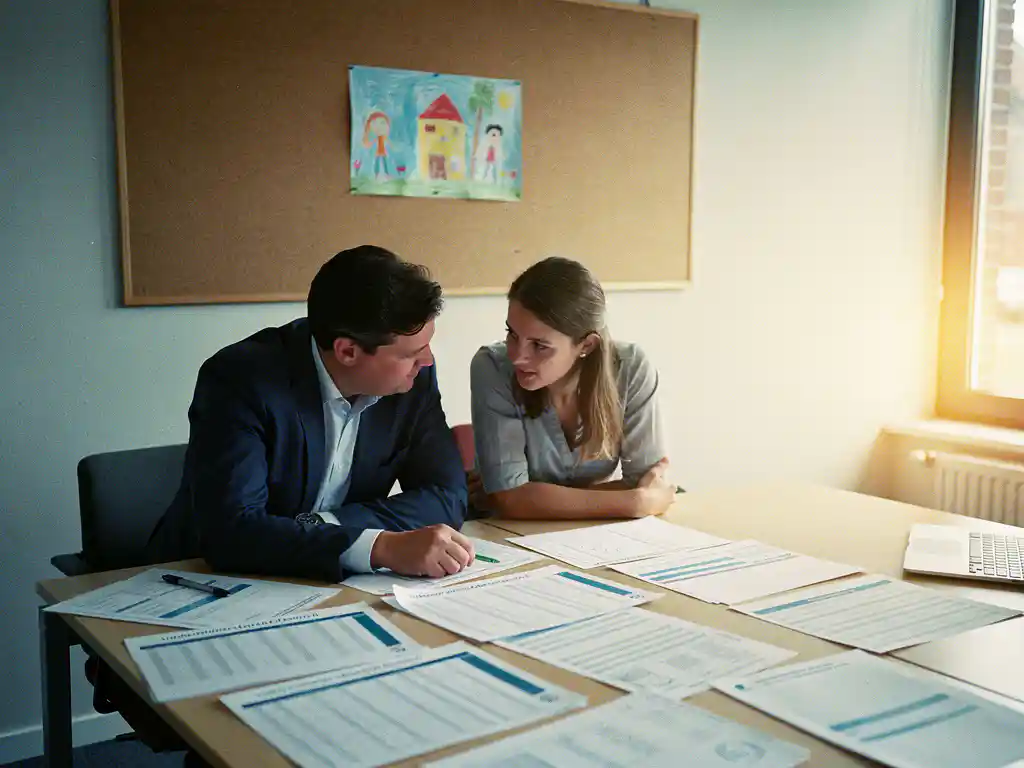 Gemeenteadviseur en jeugdzorgprofessional overleggen aan tafel met beleidsrapporten in modern Nederlands kantoor.