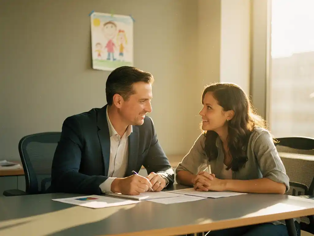 Gemeenteadviseur en jeugdzorgprofessional bespreken documenten aan een overheidstafel, met een kindertekening zichtbaar op de achtergrond.