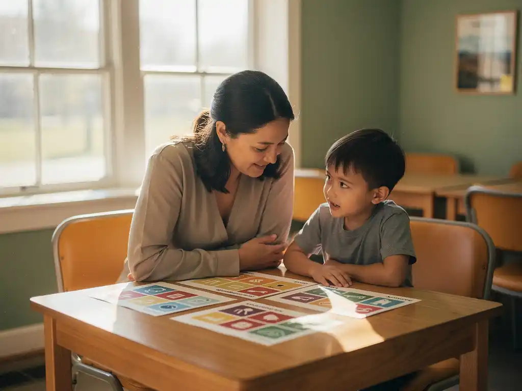 Gemeentelijk adviseur en jong kind die samen kleurrijke papieren grafieken bekijken aan een houten tafel in een licht buurthuis.
