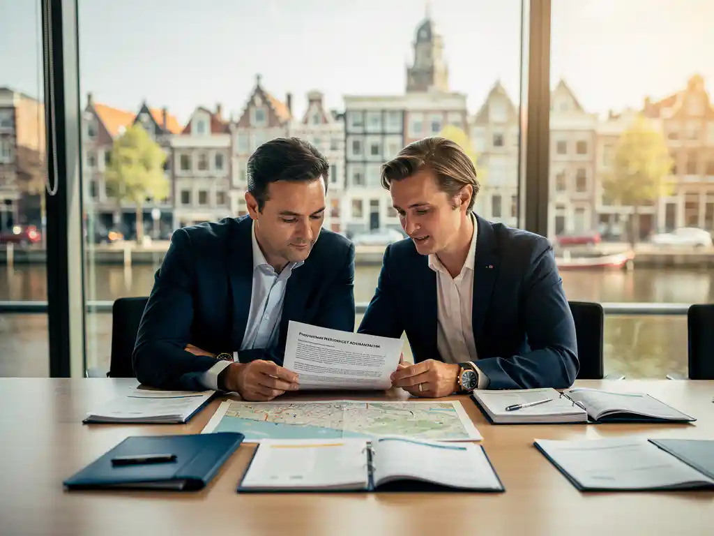 Gemeentelijk adviseur en regionale ambtenaar bekijken samen een aanbestedingsdocument in glazen vergaderzaal met Nederlands stadsgezicht.