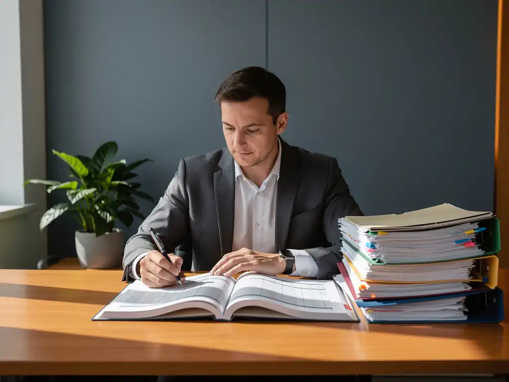 Gemeentelijk beleidsadviseur bestudeert grootboek aan bureau met jeugdzorgdossiers en potplant in natuurlijk raamlicht.