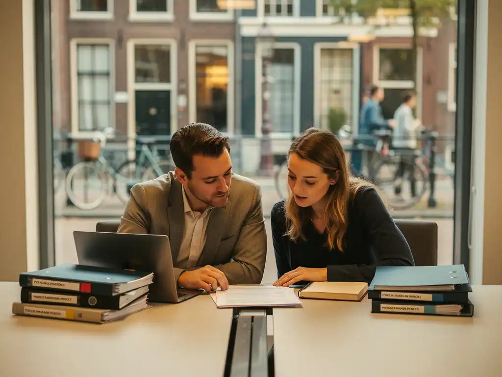 Gemeentelijke inkoopmedewerker en jeugdzorgadviseur bekijken samen beleidsdocument aan moderne vergadertafel, Nederlandse stad op achtergrond.