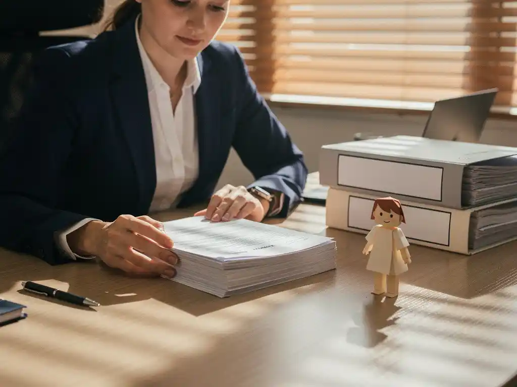 Gemeentelijke inkoopmedewerker bestudeert contractdocument aan bureau, met papieren kinderfiguur naast beleidsmappen in warm kantoorlicht.