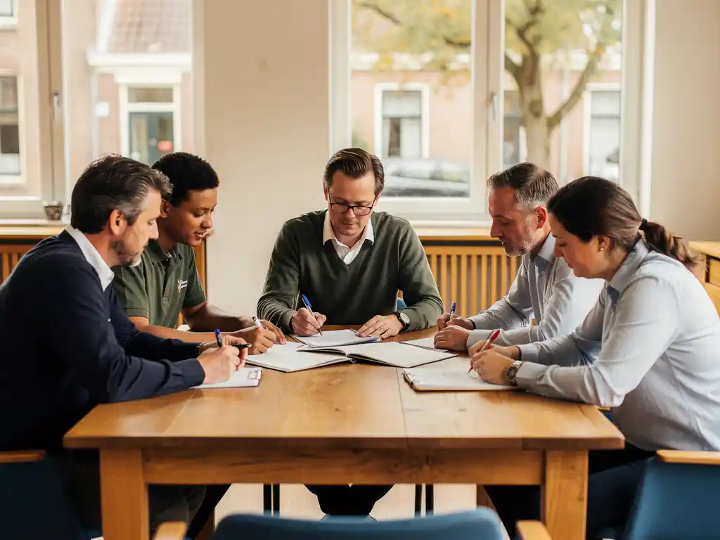 Gemeenteprofessionals overleggen samen rond een eiken tafel in een licht Nederlands gemeentekantoor met documenten.
