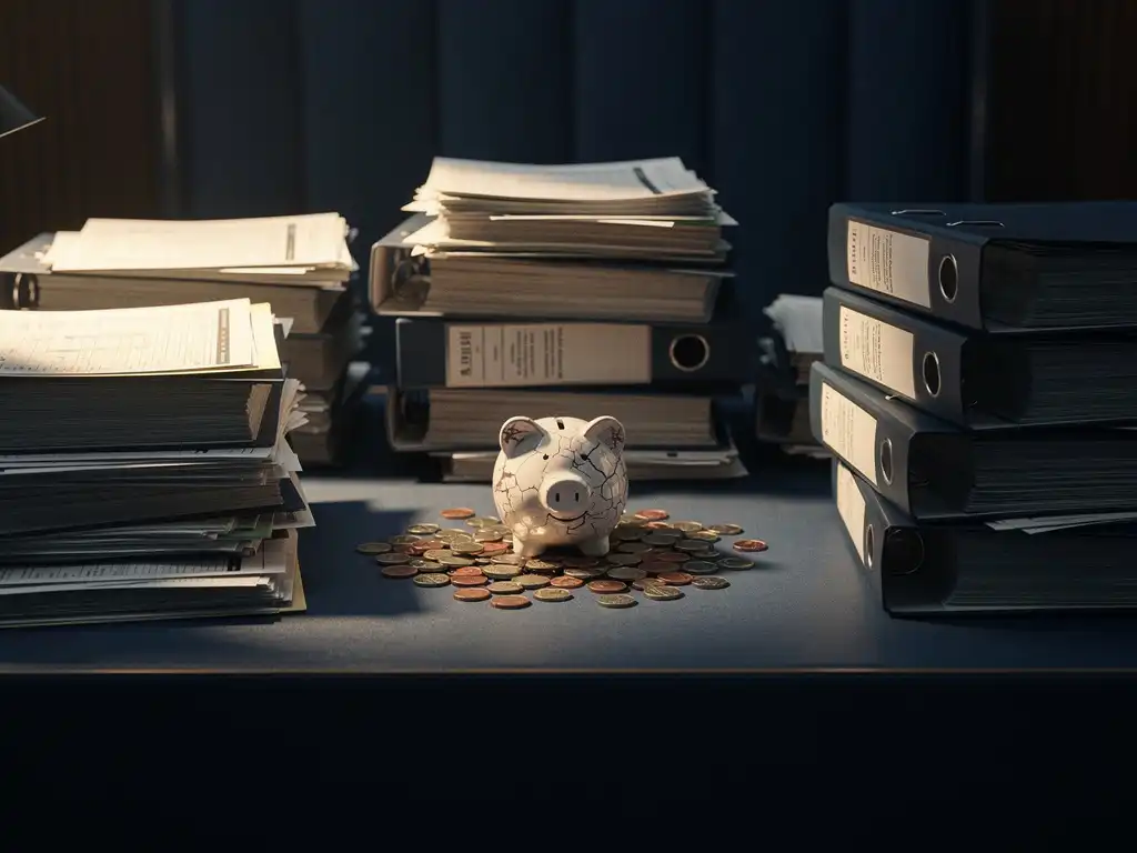 Gemeenteraadstafel bedekt met stapels beleidsmappen en begrotingsdocumenten, met een gebarsten spaarpot en verspreide munten in het midden.