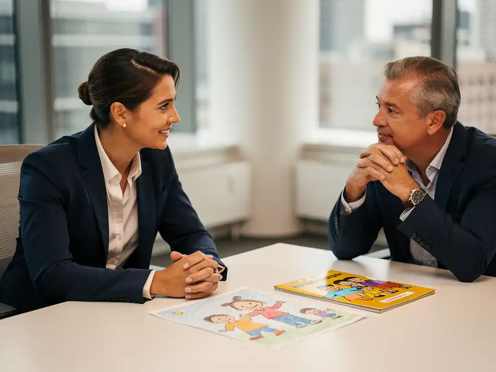 Adviseur en gemeentelijke beleidsmaker aan moderne vergadertafel met kleurrijke kindermap, samenwerking jeugdbeleid.