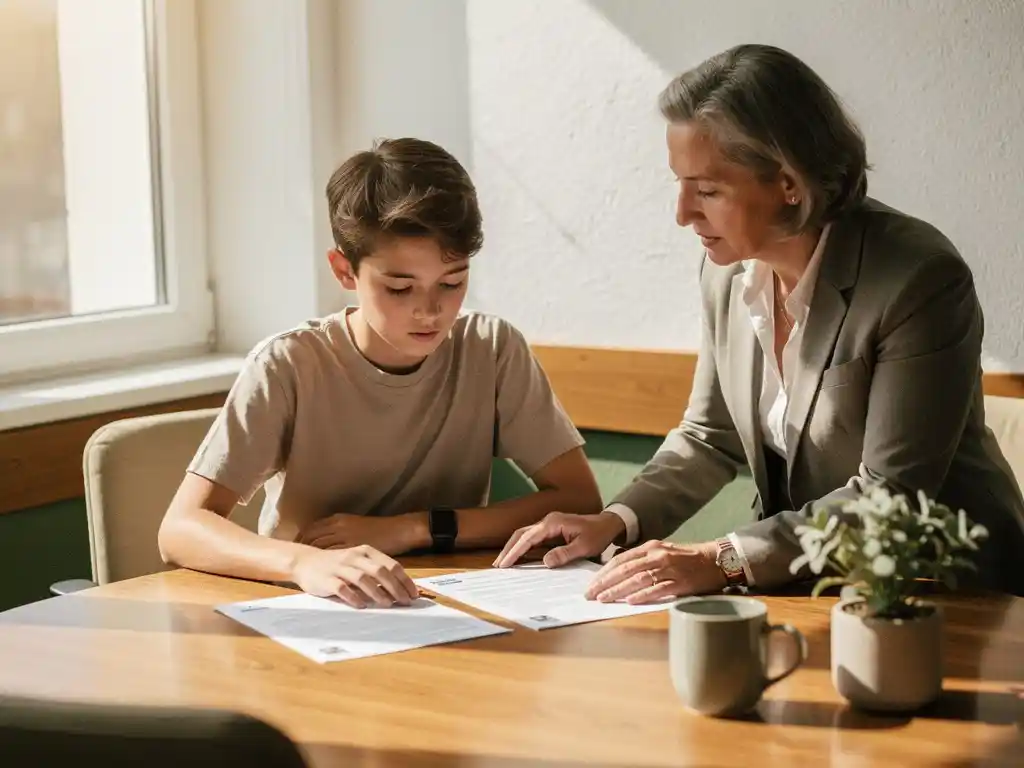 Tiener aan houten tafel bij raam terwijl gemeentelijk adviseur hand op documenten legt, kamerplant en koffiemok op de voorgrond.