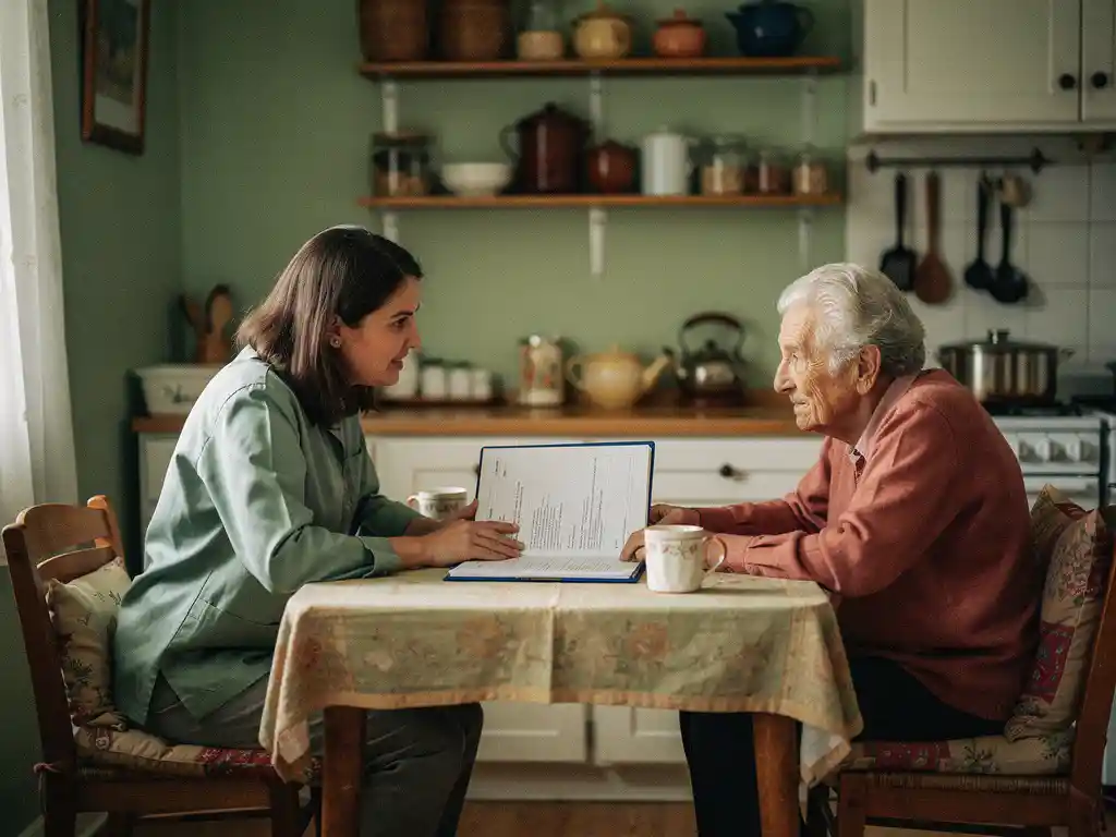 Maatschappelijk werker en oudere bewoner in gesprek aan keukentafel, zorgdossier opengeslagen, warm daglicht in bescheiden appartement.