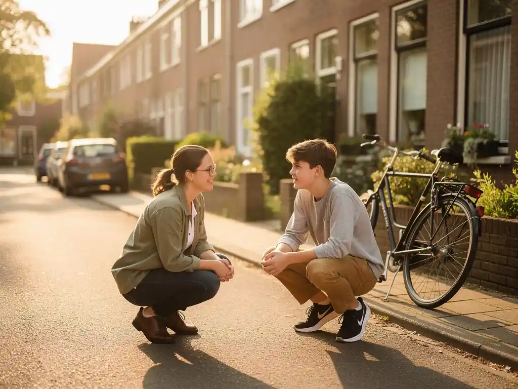 Maatschappelijk werker op kniehoogte in gesprek met tiener op zonnige Nederlandse woonstraat met fiets op de achtergrond.