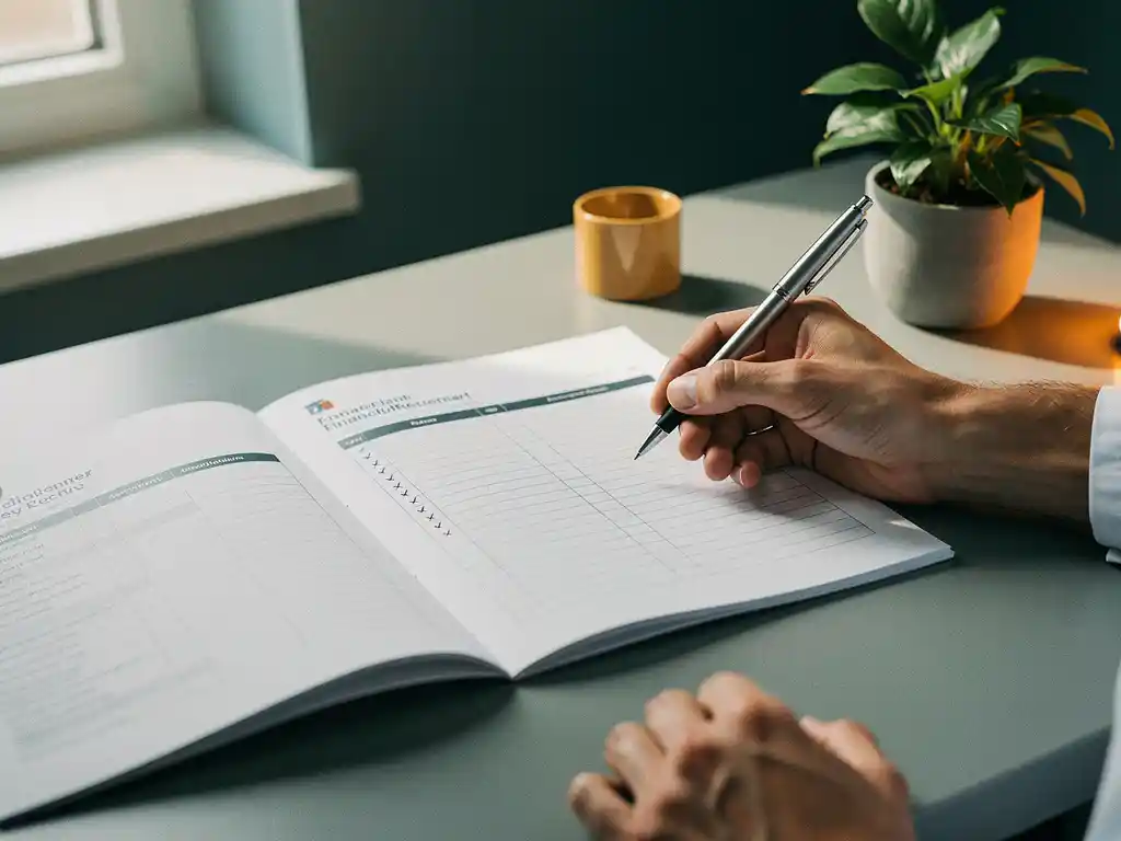 Hand met pen boven financieel herstelplan zorgverlener op bureaumet klein groen plantje, zachte daglichtsfeer.